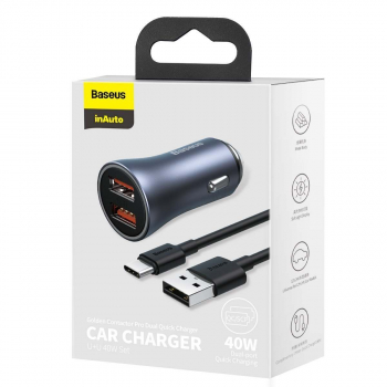 Baseus Car Charger Golden Contactor Pro with (USB/Type-C cable 5A), 2xUSB Quick Charge, SCP, FCP, AFC 40W Gray (TZCCJD-A0G)