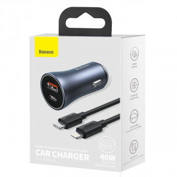 Baseus Car Charger Golden Contactor Pro Dual Quick Charger U+C, PD 3.0, QC 4+, SCP FCP AFC (With Type-C - Lightning 1m Black) 40W Dark Gray (TZCCJD-B0G)