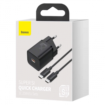 Baseus Travel Charger set Super Si 1C QC (With Mini White Cable Type-C to Type-C 3A 1m) 25W Black (TZCCSUP-L01)