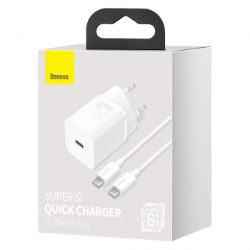 Baseus Travel Charger set Super Si 1C QC (With Mini White Cable Type-C to Type-C 3A 1m) 25W White (TZCCSUP-L02)